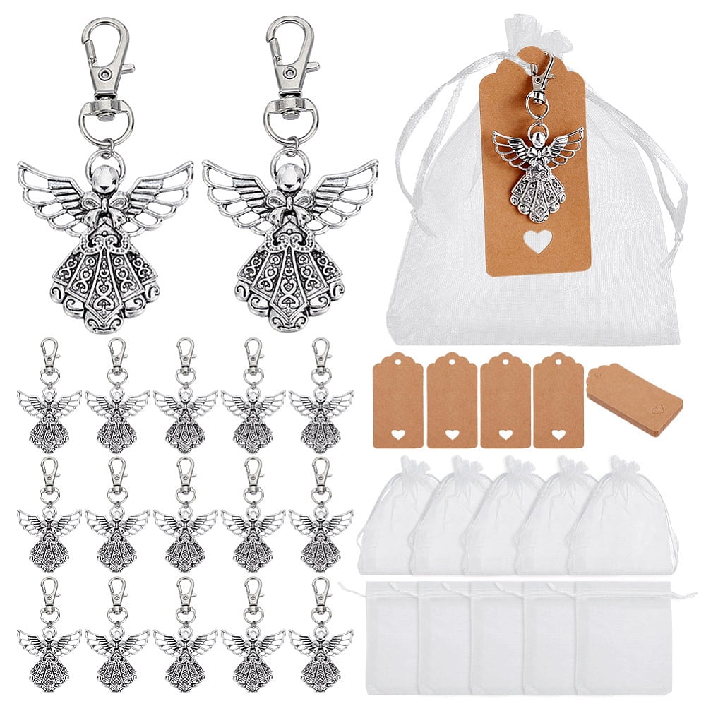 24 Sets Angel Keychains Favor Angel Fairy Tibetan Style Alloy Pendant Keychains with Thank You Tags Drawstring Organza Gift Bags Birthday