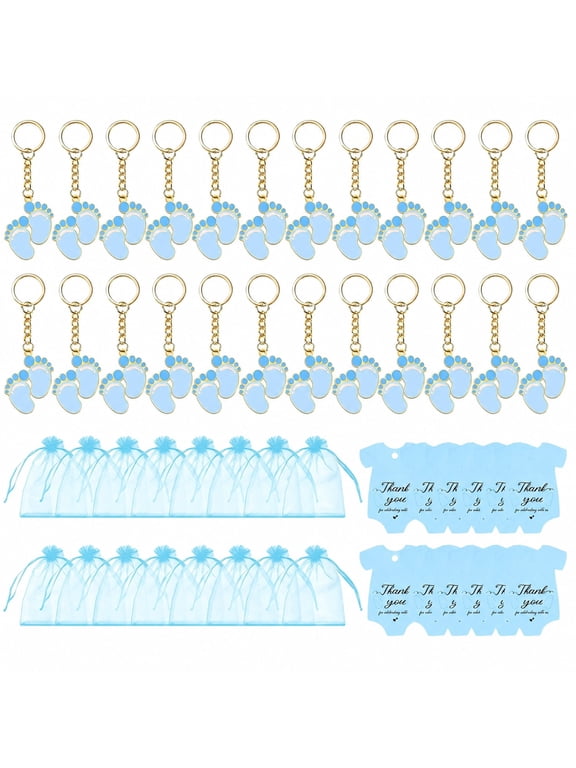 24 Sets Baby Shower Favors for Guests, Blue Baby Footprint Keychains with Organza Bags and Thank You Cards, Gender Reveal Gifts, New Baby Celebration Keepsake Souvenirs