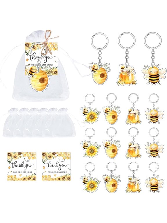 24 Sets Bee Keychain Party Favors She Found Her Honey Bridal Shower Decorations Cute Keychain Thank You Tags Organza Bag Flower Honey Pots Honeycomb Honey Keyring for Bee Decor