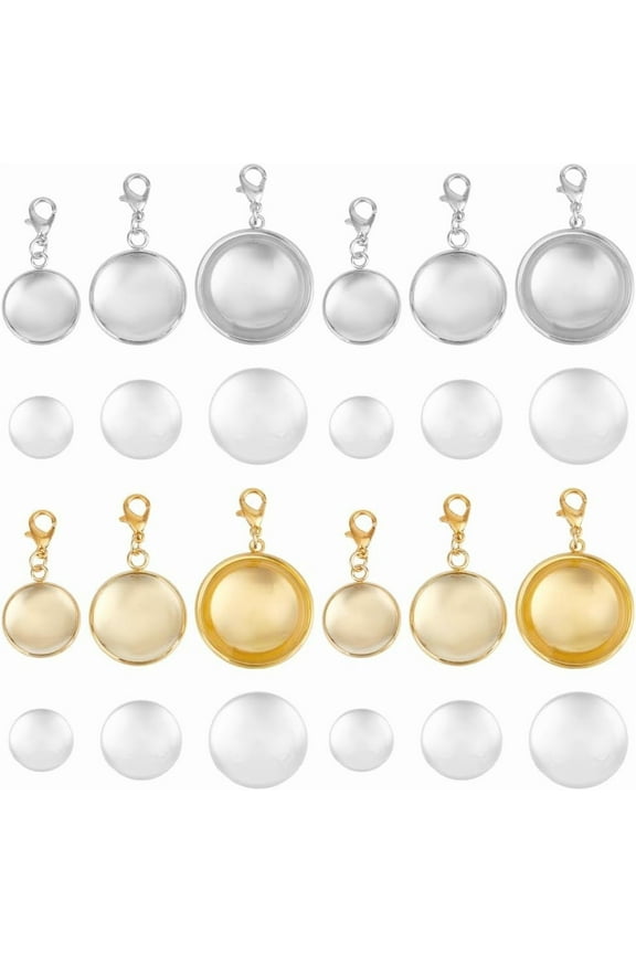 24 Sets Bouquet Photo Charm Wedding Bouquet Memorial Photo Charms Iron Gold Silver Round Memory Pendant with Lobster Clasps DIY Picture Frame Charms for Wedding Bride Groom Family Couple for DIY