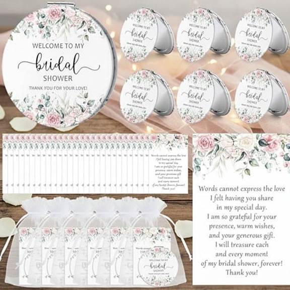 24 Sets Bridal Shower Favors for Guests Flower Design Makeup Mirrors Leather Compact Mirrors Bridal Thank You Cards with Organza Bags Bridesmaid Gifts Wedding Party Favors Supplies