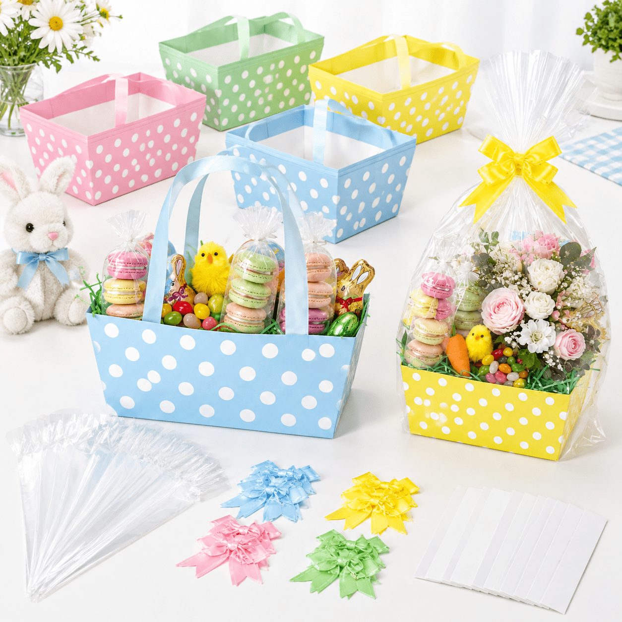 24 Sets Bright Dots Gift Basket Boxes With Handle Clear Bags And Bows ...