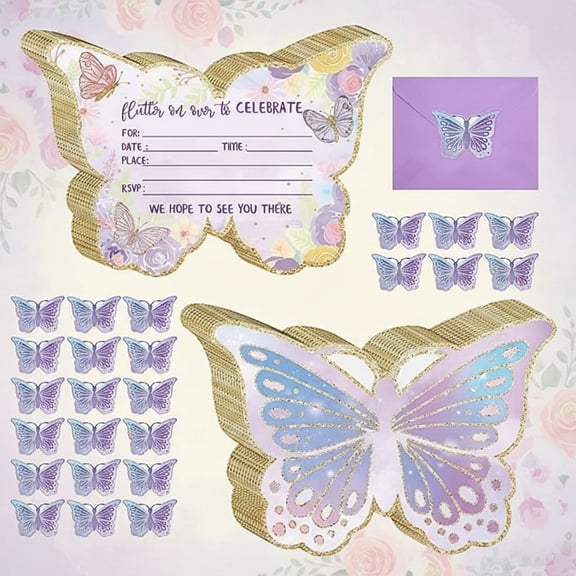 24 Sets Butterfly Birthday Invitations with Envelopes and Stickers FOR GIRLS Party Invitations for Kids Birthday Baby Shower Party