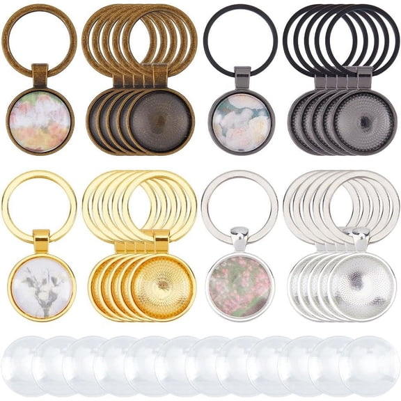24 Sets Cabochon Keychain Kit 4 Colors Alloy Pendant Cabochon Settings and Glass Cabochons Blank DIY Keychain Making Kit for Photo Resin Personalized Crafting Alloy