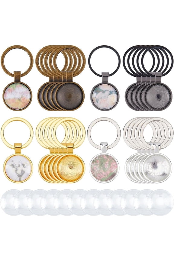 24 Sets Cabochon Keychain Kit 4 Colors Alloy Pendant Cabochon Settings and Glass Cabochons Blank DIY Keychain Making Kit Creative Craft