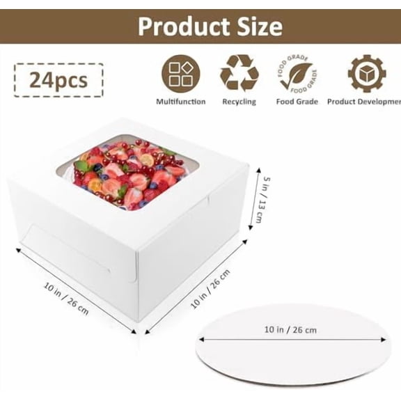 24 Sets Cake Boxes 10x10x5 Inch, Disposable Cake Box with Cake Boards and Stickers for Mother's Day, Pastries, Cupcakes, Pies, Cookies, Bakery