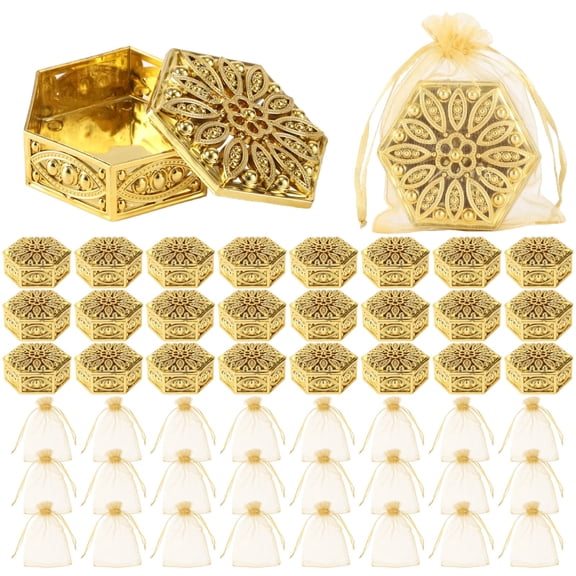 24 Sets Candy Boxes with Organza Bags, Golden Hollow Out Hexagon Treat Container, Tinplate Wedding Favor Box for Return Gifts for Pooja, Diwali, Party Favors