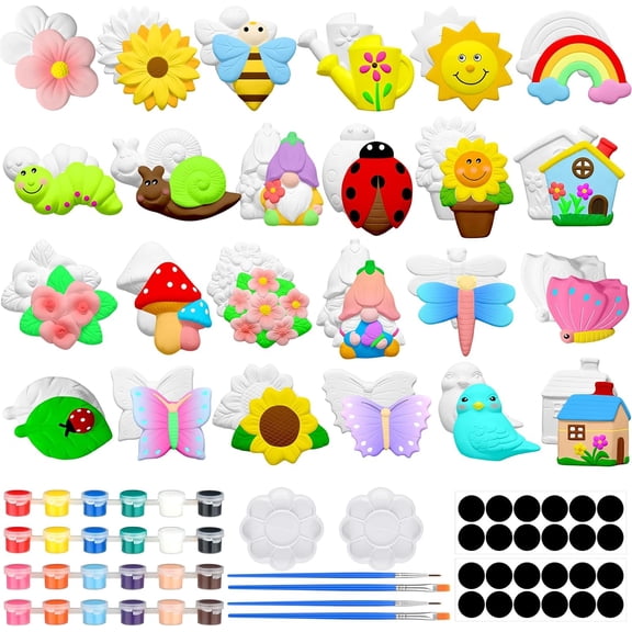 24 Sets Ceramic Painting Kit for DIY Ready to Paint Ceramics Painting Crafts Arts and Crafts Set with Soft Magnetic Strips(Spring)