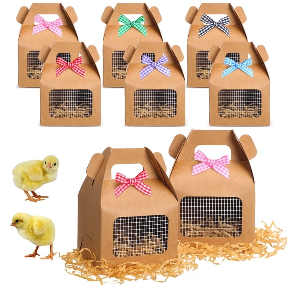 24 Sets Chick Party Gift Boxes with Raffia and Tags, Farm Animal Treat Boxes for Farm Theme Parties, Rustic Kraft Candy Favor Boxes for Birthday Celebrations Showers Decorations and Gift Packaging
