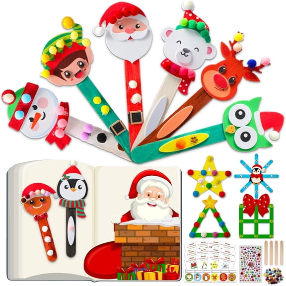 24 Sets Christmas Craft Winter Crafts Popsicle Stick Snowflake Reindeer Santa Ornaments Decorations Art Sets Snowman Stick Craft Stick for Kids Xmas Holiday Classroom Activities Party Favors