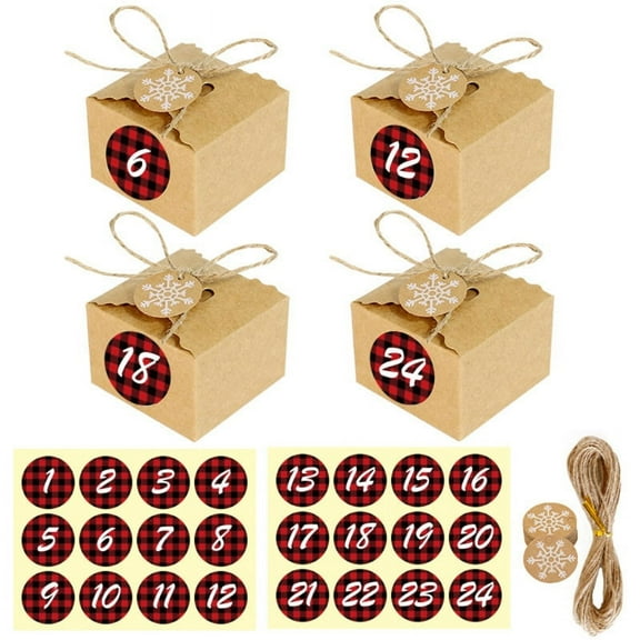 24 Sets Christmas Kraft Paper Candy Gift Boxes with Number Stickers Straps Kraft Paper Gift Boxes for Snacks Storage