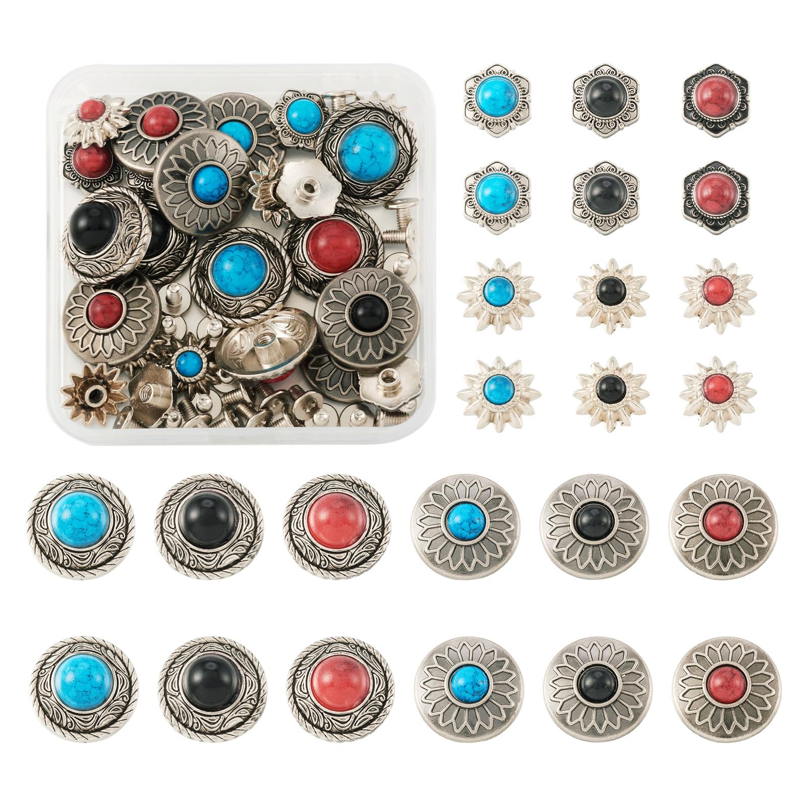 CHGCRAFT 24PCS Metal Screw Back Buttons - Synthetic Turquoise, Vintage Alloy, 3 Sizes For DIY Crafts & Sewing