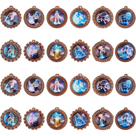 24 Sets Constellations Pendant Trays Kit 24 Pcs Glass Cabochon with 24 Pcs Wooden Tray Half Round Dome Tiles for Jewelry Making-Style 2 DIY Making
