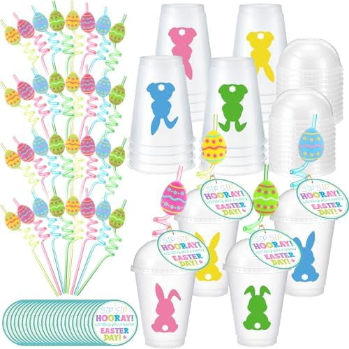 24 Sets Easter Plastic Cups with Lids and Straws 16 oz Reusable Plastic Easter Bunny Cups Clear Rabbit Party Drinking Tumblers Colorful Spring Beverage Tumblers for Holiday Party Supplies