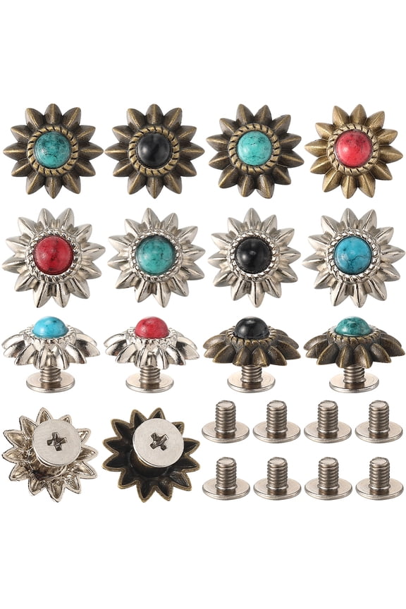 24 Sets Faux Turquoise Screw Back Buttons Flower Chrysanthemum Retro Decorative Buckle Vintage Western Style Replacement Buckle for DIY Leather