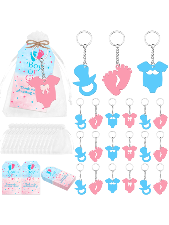 24 Sets Gender Reveal Keychain Party Favors for Guests, Pink Blue Boy or Girl Acrylic Keychains Thank You Tags Organza Bags for He or She Gender Reveal Baby Shower Party Supplies Ideas