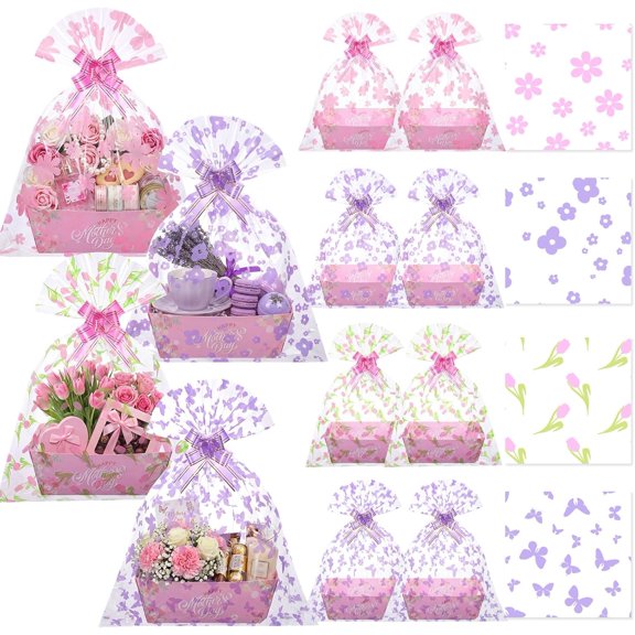 24 Sets Happy Mother's Day Empty Gift Baskets, 24 Cardboard Market Trays to Fill 24 Flowers ane Bags 24 Pull Bows, DIY Gift Wrapping for Mother's Day Birthday Party