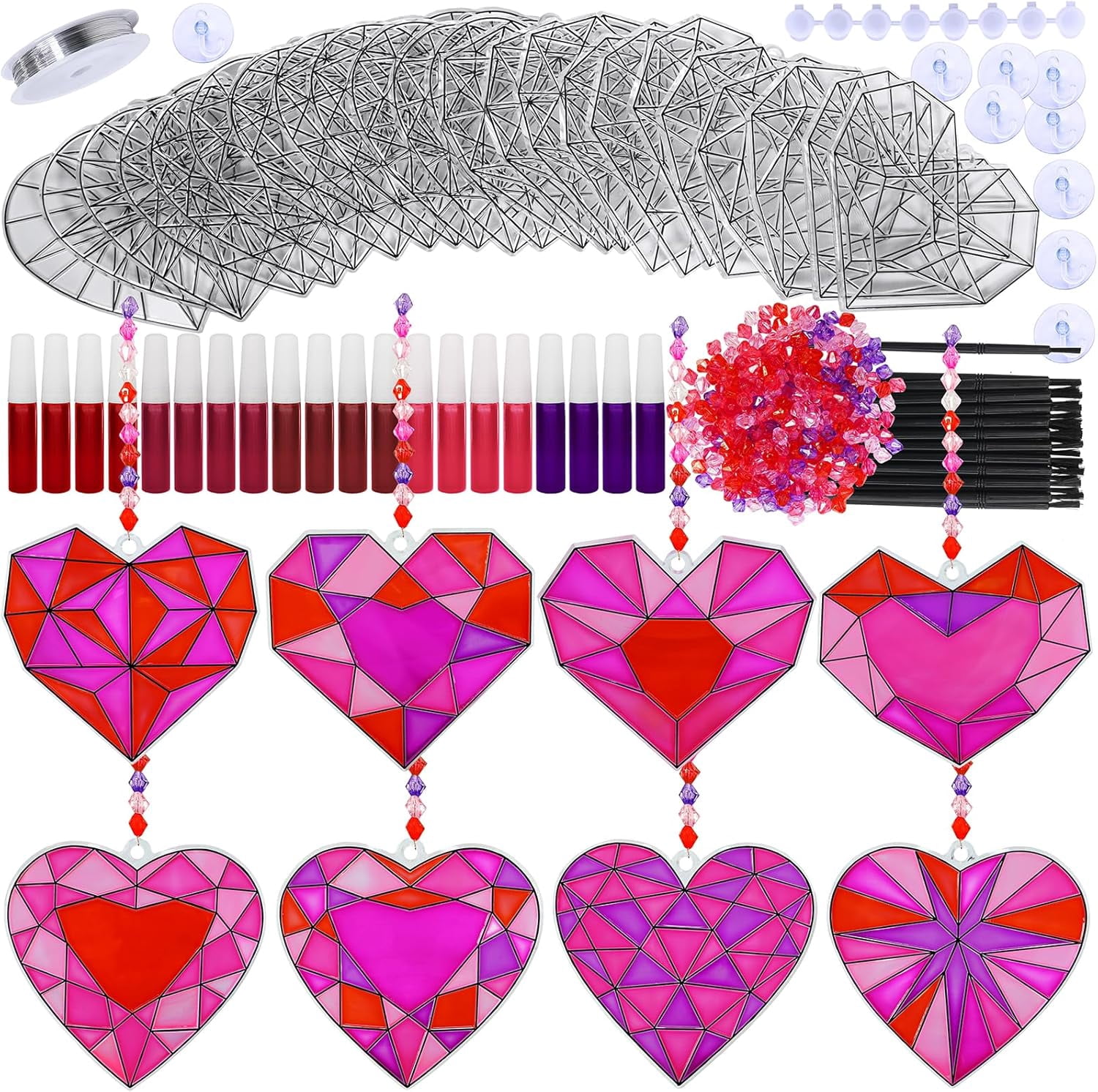 24 Sets Heart Suncatchers Ornaments Decorations DIY Window Paint Art Stickers Craft Kit Heart Sun Catchers for Kids Valentine's Day Pirate-Themed Birthday Activities Art Project Party Favors