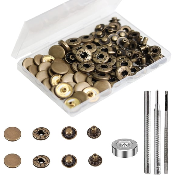 24 Sets Heavy Duty Leather Snap Fasteners Kit, 15mm Metal Snap Buttons Press Studs Leather Rivets Snaps with 4 Setter Tools for Clothes Bracelet Jackets Jeans Antique Brass