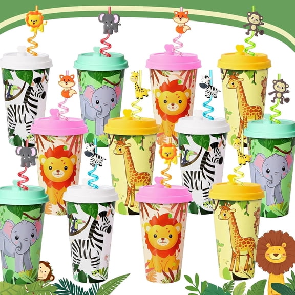24 Sets Jungle Animal Party Favors Goodie Cups with Lids and Safari Animal Straws for Birthday Decorations, Plastic Cups Silly Straws for Party Bags Gift Pinata