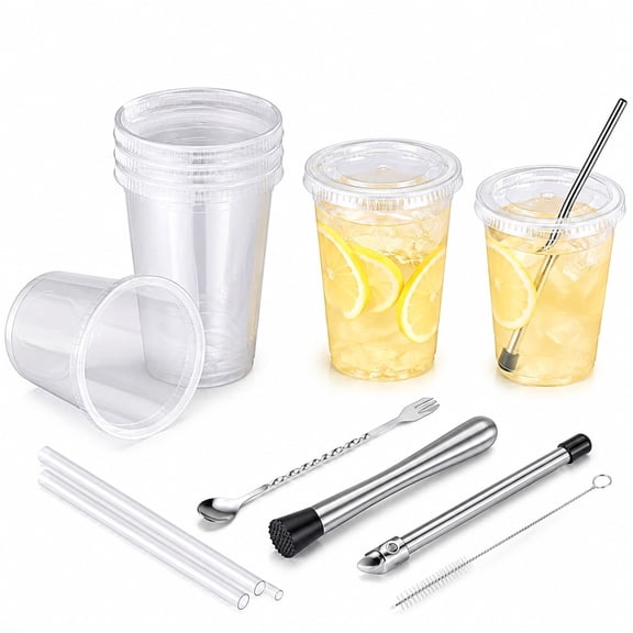24 Sets Lemonade Stand Supplies Kit, 32 oz Clear Cups with Lids and Straws, Lemonade Making Set with Straw Punch, Muddler, Stirring Spoon and Brush for Summer Parties, Picnics and Beverage Events