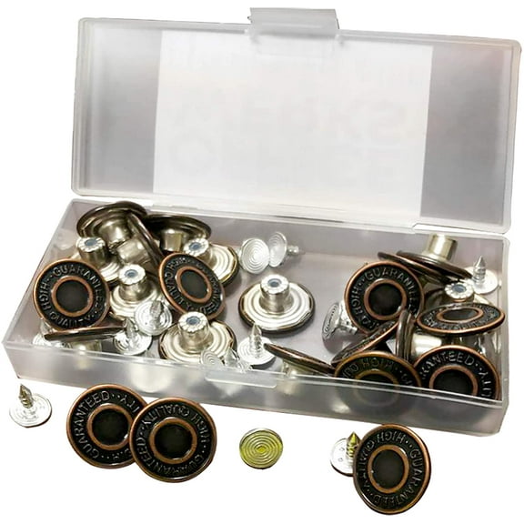 24 Sets Metal Bronze Jean Buttons, Replacement Kit with Buttons & Fasteners in Clear Plastic Storage Box for Denims, Jeans, and Jackets Repair (24 Pack)