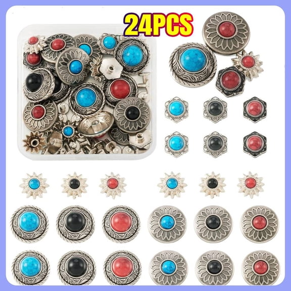 24 Sets Metal Buckle Synthetic Turquoise Screw Back Buttons Concho Cat Eye Buttons Replacement Vintage Alloy Buckle for DIY Leather Craft Fabrics Sewing Decor