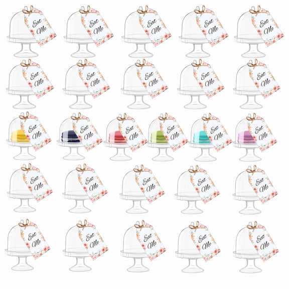 24 Sets Mini Cake Stand with Lid, Clear Plastic Cupcake Display Stand with Dome Cover and Eat Me Tags, Small Dessert Holder for Birthday, Wedding, Tea Party and Dessert Table Decor