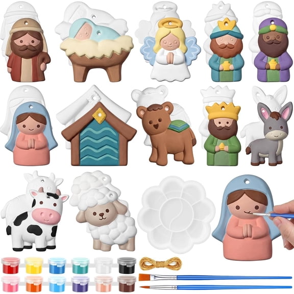 24 Sets Nativity Ceramic Painting Kit, Christmas Ornaments