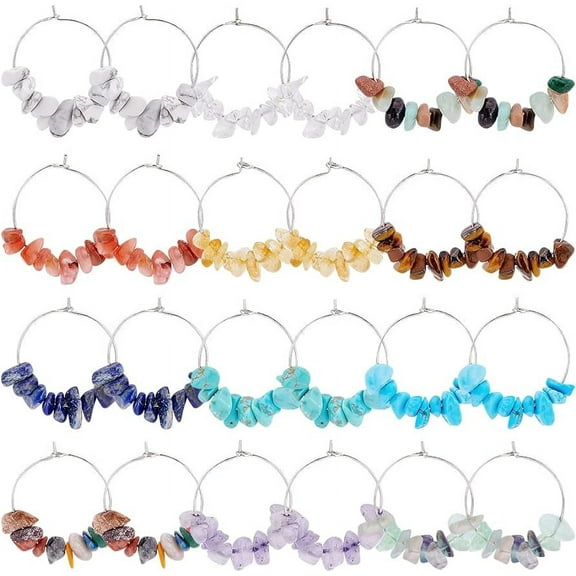 24 Sets Natural Gemstone Bead Wine Glass Charms Drink Markers Tags with 12 Styles Stone Beads and Hoop Earrings for Cocktail Champagne Party Favors Decoration