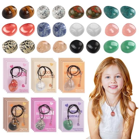 24 Sets Natural Gemstone Crystals Rocks Minerals Necklace Bulk, Exchange Card for Kids Girls Boys Class Classroom Party Favors