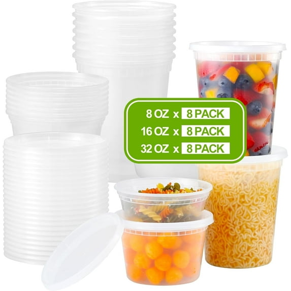 24 Sets Plastic Deli Food Containers With Lids, 8 oz 16oz 32oz Variety pack, Airtight Food Storage Containers