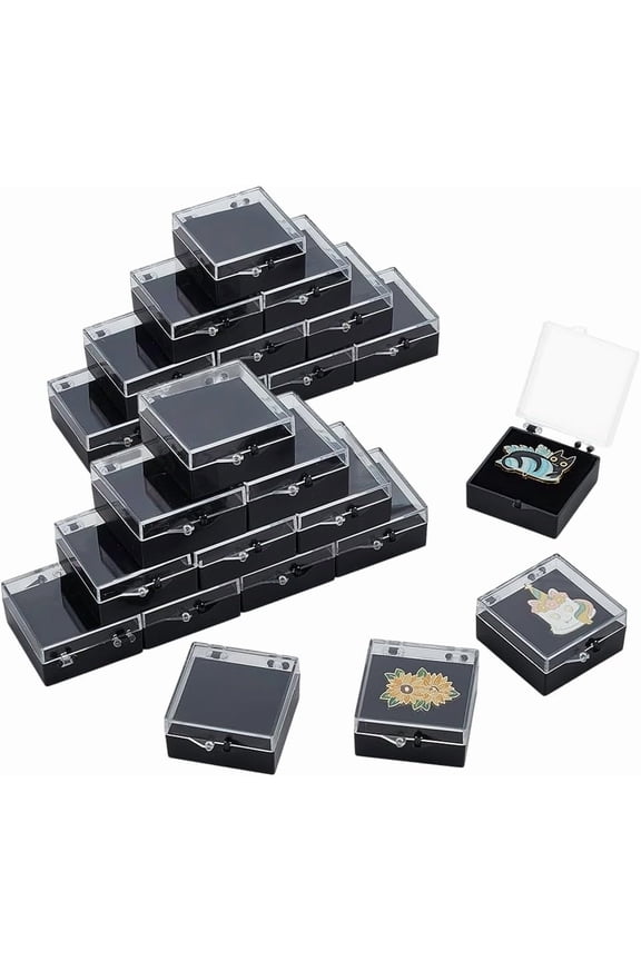 24 Sets Plastic Gift Box For Pin with Velvet Inside 1.73x1.97x0.87inch Rectangle Clear Lid with Black Base Badge Packaging Boxes Small Jewelry Brooch Storage Holder