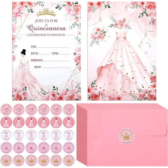 24 Sets Quinceaera Invitaciones Para 15 Aos Personalizados Quinceanera Invitations Cards with Pink Envelopes Stickers Crown Princess Rose Card for Sweet 15th Birthday Princess Party Invite