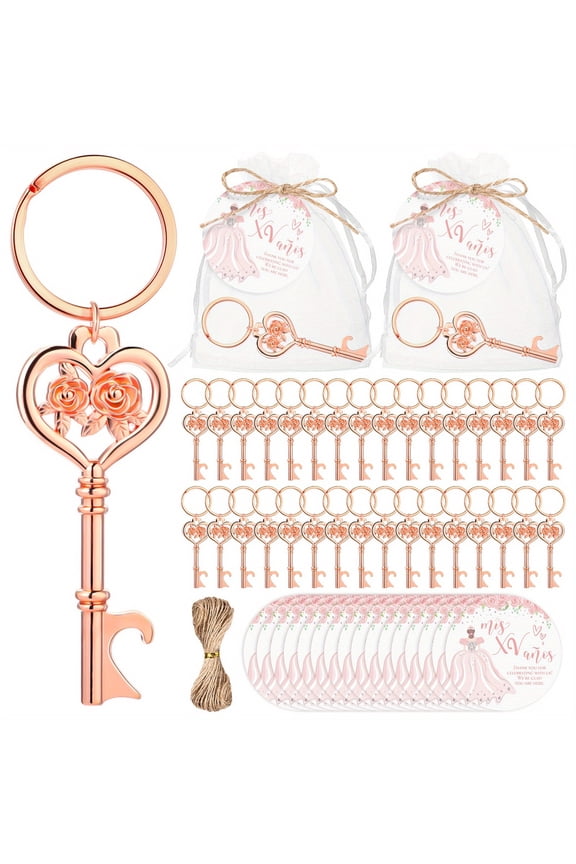 24 Sets Party Favors for Guests Butterfly Bottle Opener Keychain Thank You Tag Organza Bag Sweet 15 Years Gifts for Mis Quince Birthday Party Supplies (Rose Gold)