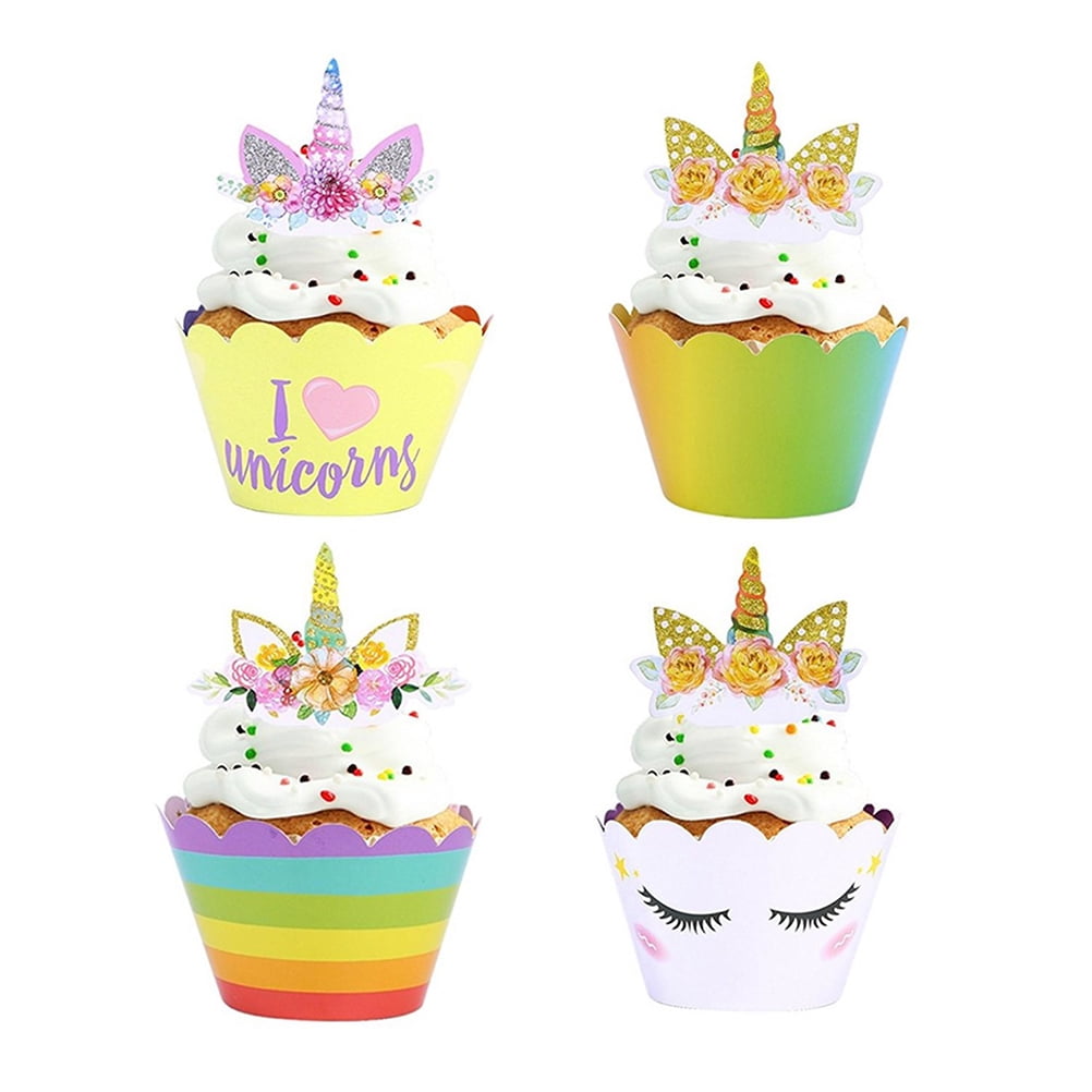 24 Sets Rainbow Unicorn Cupcake Wrapper and Topper Party Cake Decor Cupcake Linner and Topper (24pcs Wrapper and 24pcs Topper)