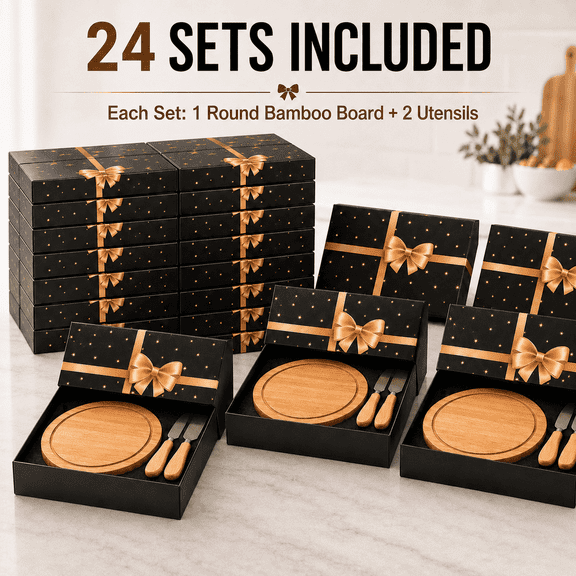 24 Sets Round Bamboo Cheese Board Gift Set, 5.9 Inch Mini Charcuterie Boards with 2 Cheese Utensils, Small Serving Tray with Juice Groove for Wedding Favors, Housewarming, Birthday, Christmas Gifts