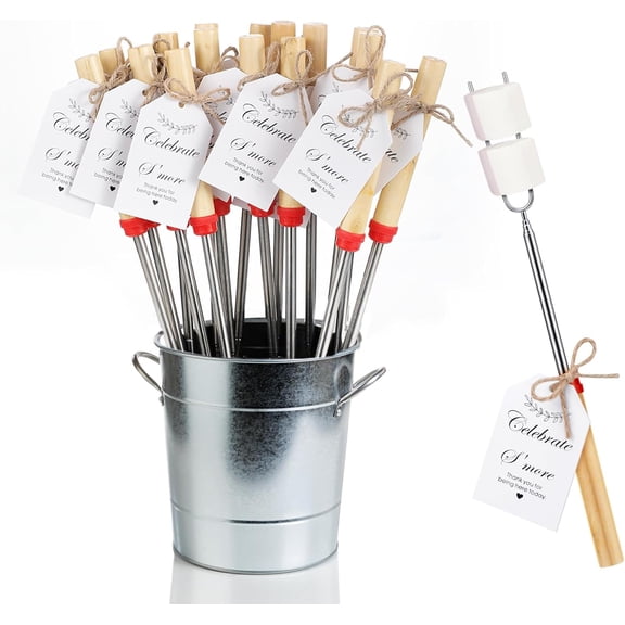 24 Sets S'mores Party Favor Includes Smores Sticks for Fire Pit Celebrate Smore Birthday Party Favors Tags with String Extendable Marshmellow Sticks Smores Skewers for Wedding Camping