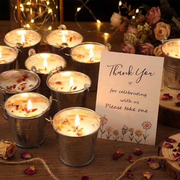 24 Sets Scented Candle Gift Mini 1.8 oz Lavender Soy Wax Iron Bucket Aromatherapy Candle with Dried Flower Thank You Card for Baby Shower Bridal Wedding Birthday Party Favor Guest