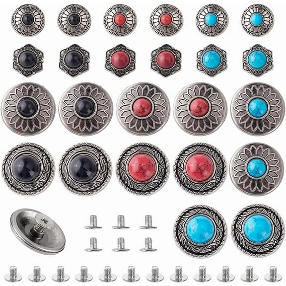 24 Sets Screw Back Button 12 Styles Conchos Leather Sunflower Decorative Rivets Studs 12-20mm Turquoise Round Conchos Vintage Metal Screw Button