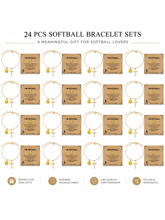 24 Sets Softball Bracelet Gift Set, 24 Gold Plated Cross Softball Charm Bracelets with 24 Inspirational Kraft Cards, Sports Team Jewelry Favors for Players, Coaches and Team Events