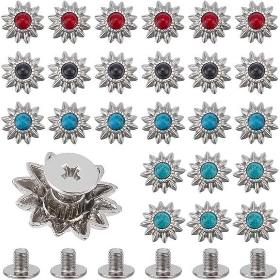 24 Sets Sunflower Decoration Rivets Studs 4 Colors 13mm Vintage Nailhead Studs Imitation Turquoise Round Shape Castings Screw Back Button DIY Leather Craft Accessories 1box