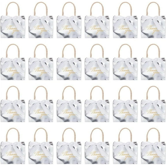 24 Sets Thank You Gift Bags Party Favor Bags with Handle and Ribbon 4.7x5.5x2.4inch Kraft Paper Gift Bag with Gold Foil Printed for Birthday Wedding Party Holiday Silver