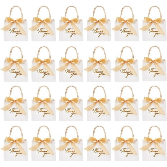 24 Sets Thank You Gift Bags Party Favor Bags with Handle and Ribbon 4.7x5.5x2.4inch Kraft Paper Gift Bag with Gold Foil Printed for Birthday Wedding Party Holiday White White