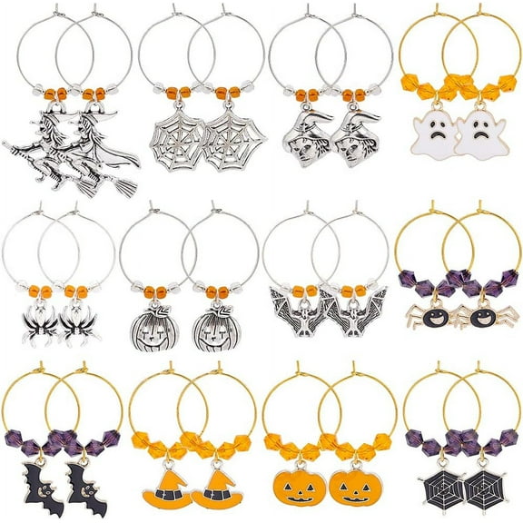24 Sets Theme Wine Glass Charms Drink Markers Tags with 12 Style Pendants Beads and Hoop Earrings for Cocktail Champagne Party Favors Decoration