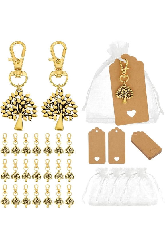 24 Sets Tree of Life Keychain Favor Wedding Favors Organza Gift Bags Baptism Party Favors Small Mesh Bags Golden Tree Keyring with Tags for Party Guest Return Baptism Bridal Shower Gift