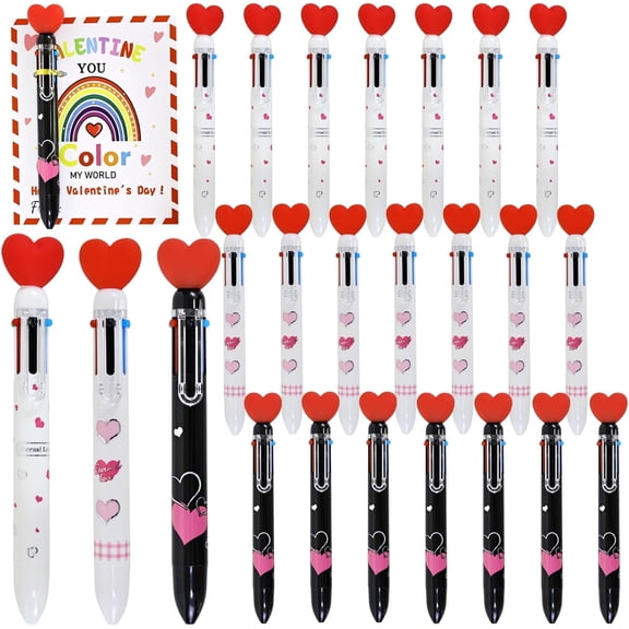 24 Sets Valentine's Day Gifts Bulk Heart Shaped Pens 6 in 1 Multicolor Ballpoint Pens You Color My World Valentine Cards for Office Coworker Classroom Student Gifts from Teacher Stationery Supplies