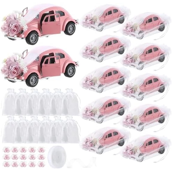 24 Sets Wedding Party Favors for Guest Bulk Pink Car Wedding Gifts Mini Car with Artificial Flowers Ribbons Organza Bags for Bridal Shower Bridesmaid Engagement Birthday Party Thank You Gifts