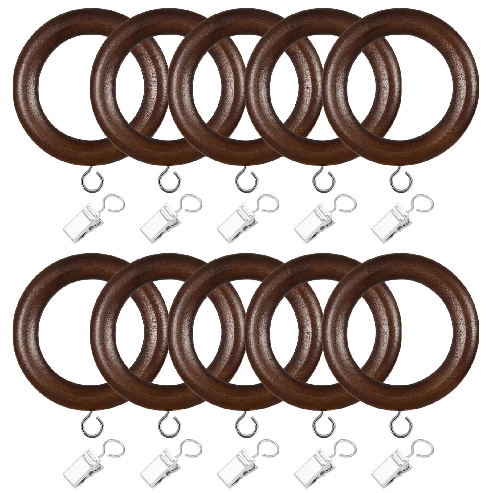 24 Sets Wooden Curtain Rings with Clips, Black Walnut Curtain Rod Rings