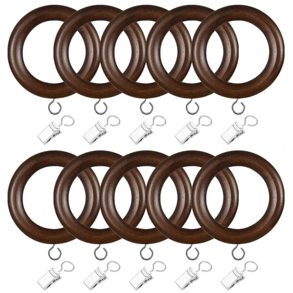 24 Sets Wooden Curtain Rings with Clips, Black Walnut Curtain Rod Rings with Stainless Steel Hooks for 1 in Curtain Rods, Wooden Drape Rod Accessories for Drapes and Curtains